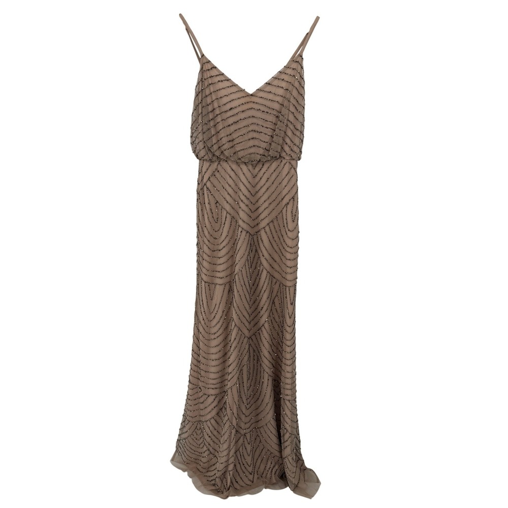 Adrianna Papell Beaded Blouson Gown Taupe Pink Art‎ Deco Maxi Formal Art Deco